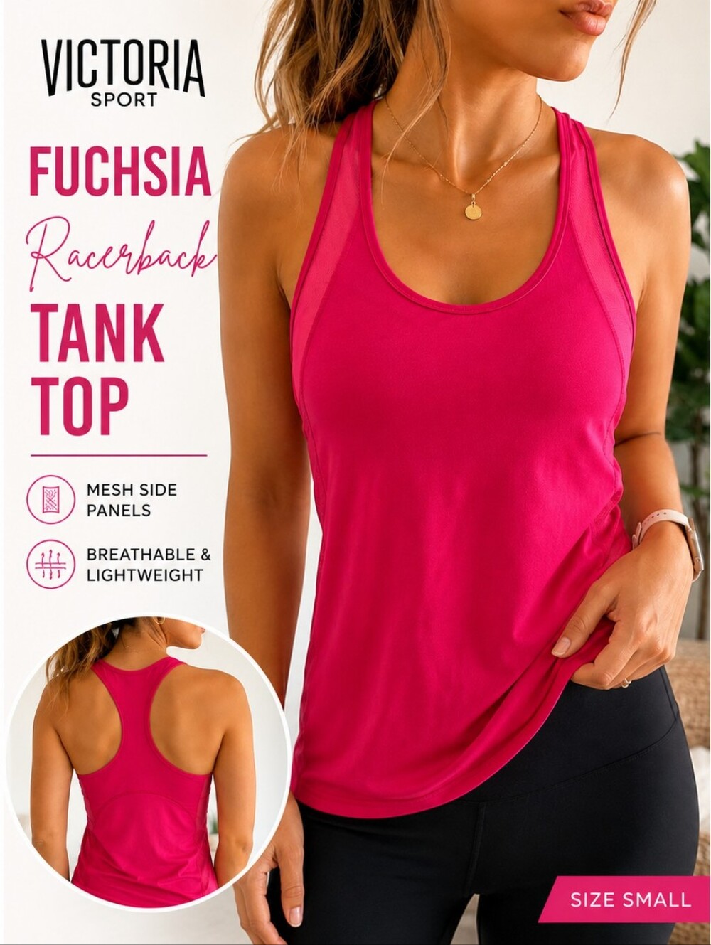 Victoria Sport Fuchsia Pink Racerback Mesh Panel Tank Top Size Small Activewear